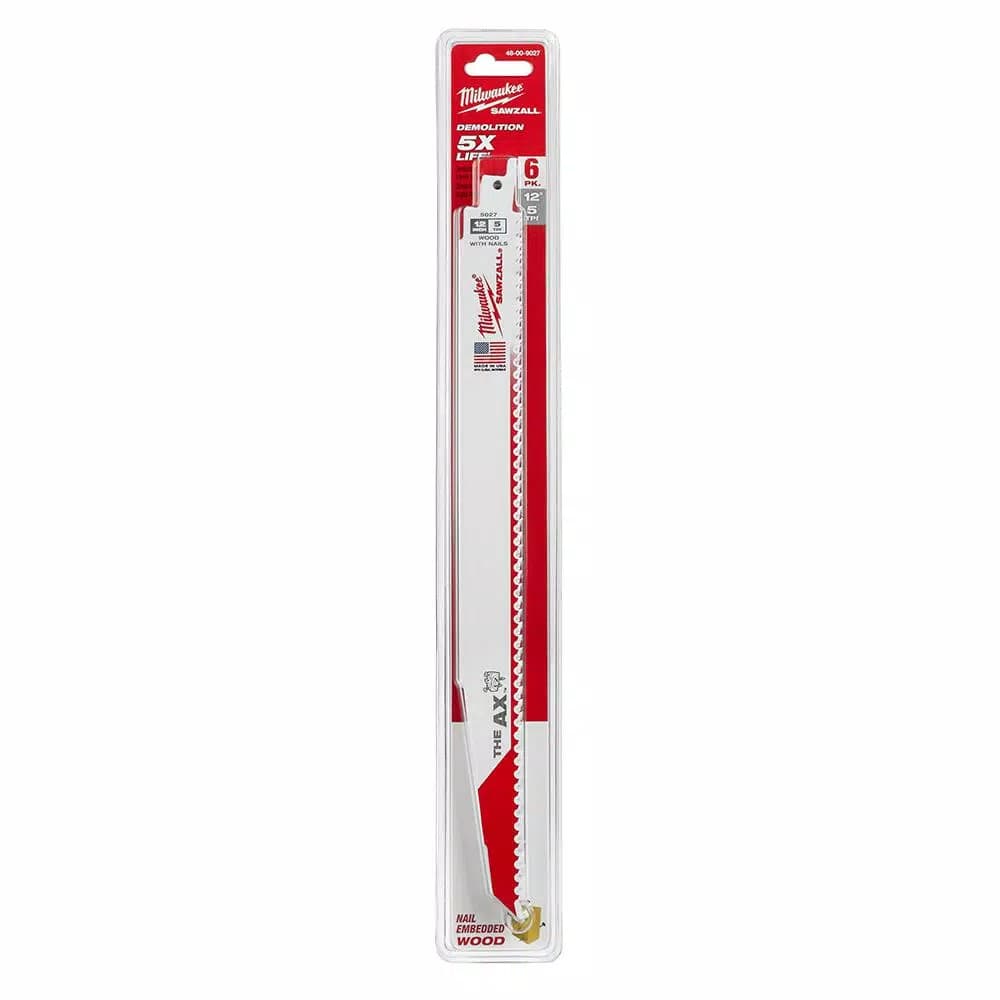 Milwaukee AX Carbide Tipped Reciprocating Saw Blades, 12 in., 5 TPI, Nail-Embedded Wood, 6 Pack