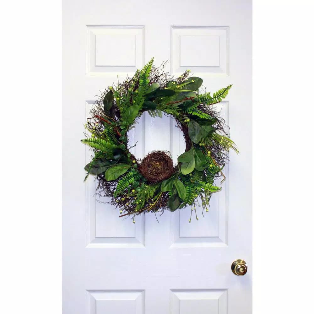 Worth Imports 24 in. Green Leaves, Berries and Nest Wreath on Natural Twig Base