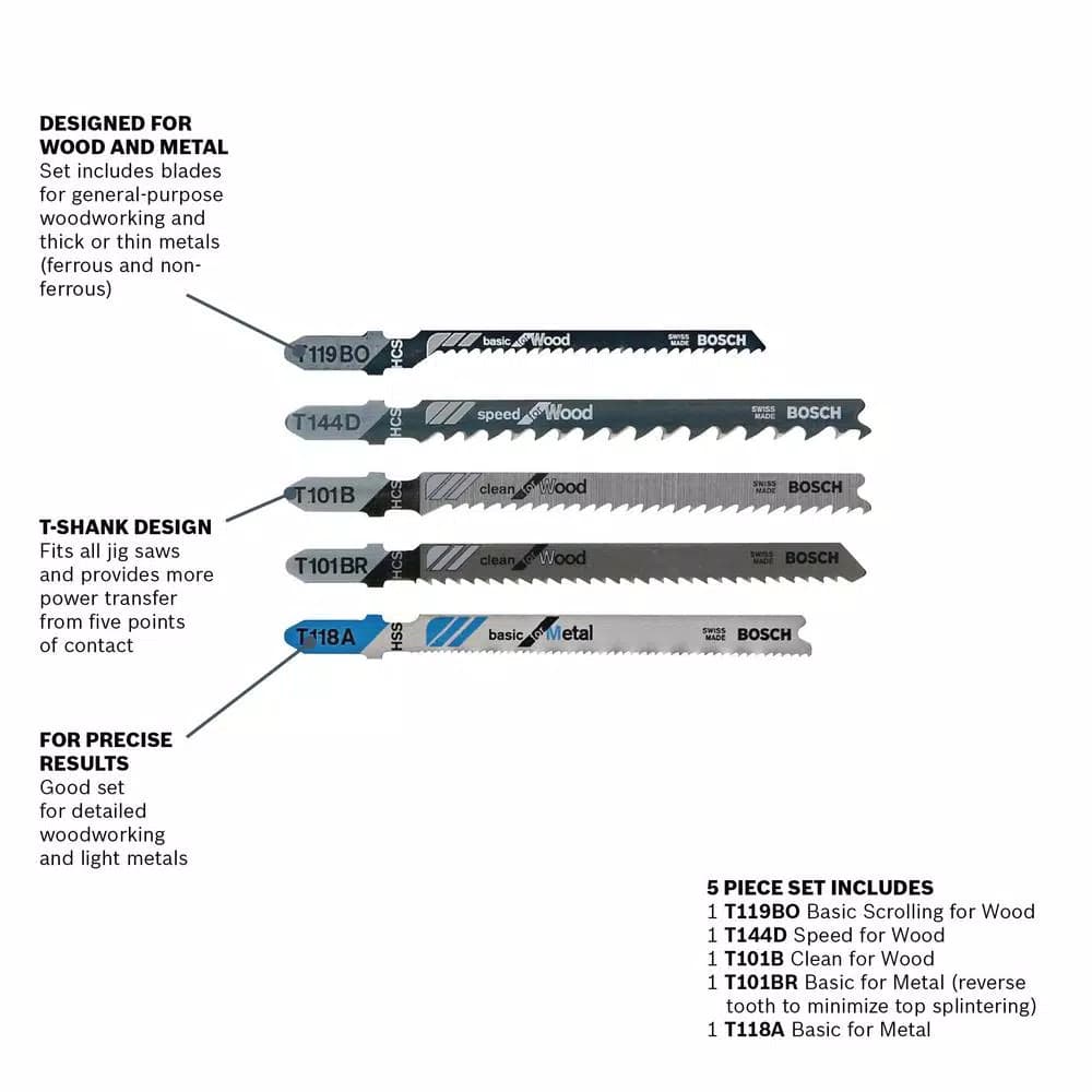 Bosch T-Shank Jigsaw Blade Set, Multi-Purpose High Carbon Steel for Wood and Metal, 5-Pack