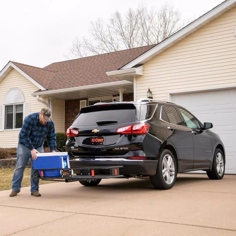 CURT 60" x 24" Black Steel Basket Cargo Carrier with 2" Folding Shank, 500 lbs. Capacity