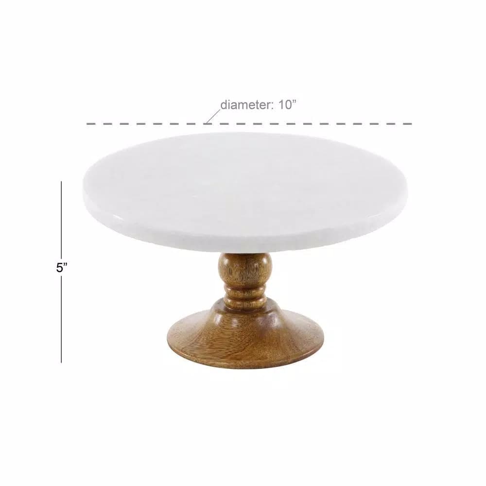 LITTON LANE 10 in. White Marble and Mango Wood Cake Stand, Brown Wood Base