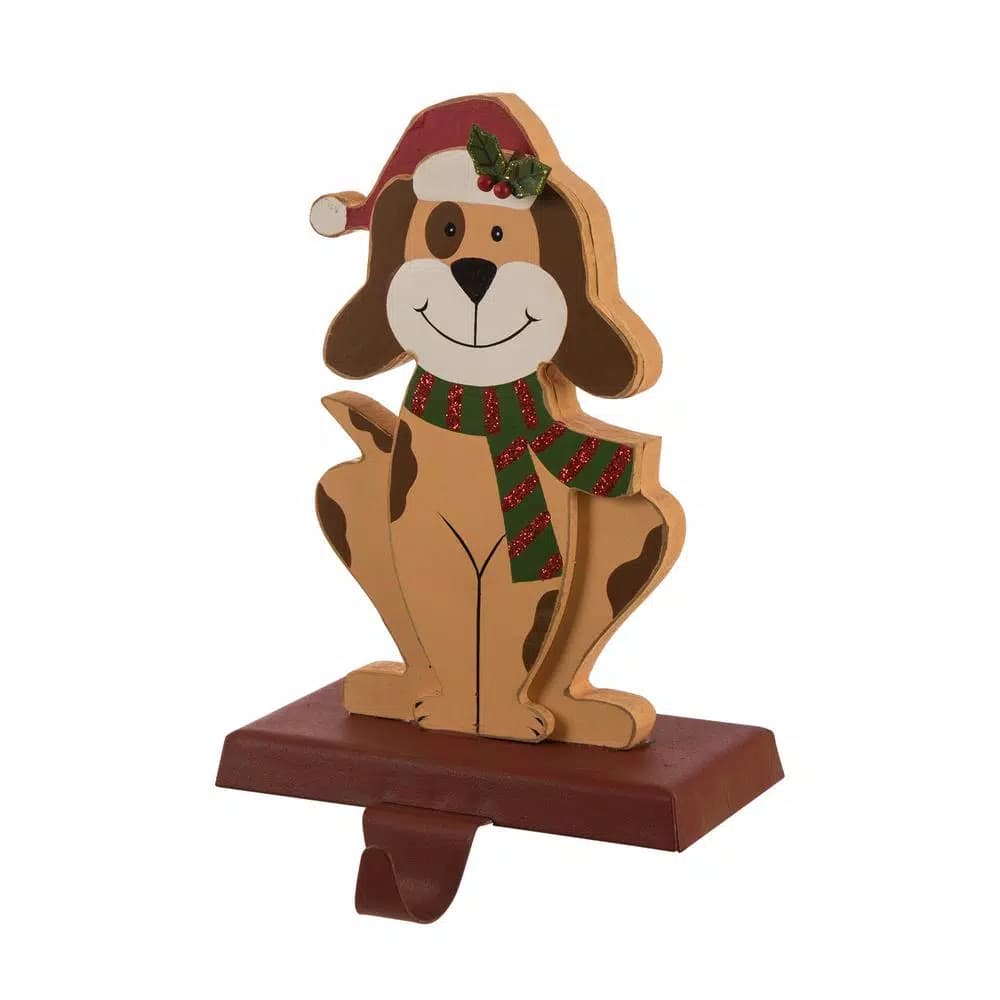 Glitzhome 7.76 in. Dog Christmas Stocking Holder - Wooden and Metal Holiday Decor