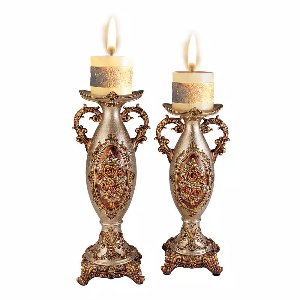 OK LIGHTING Bronze Rosie Polyresin Floral Candleholder Set of 2 - Champagne Gold Finish