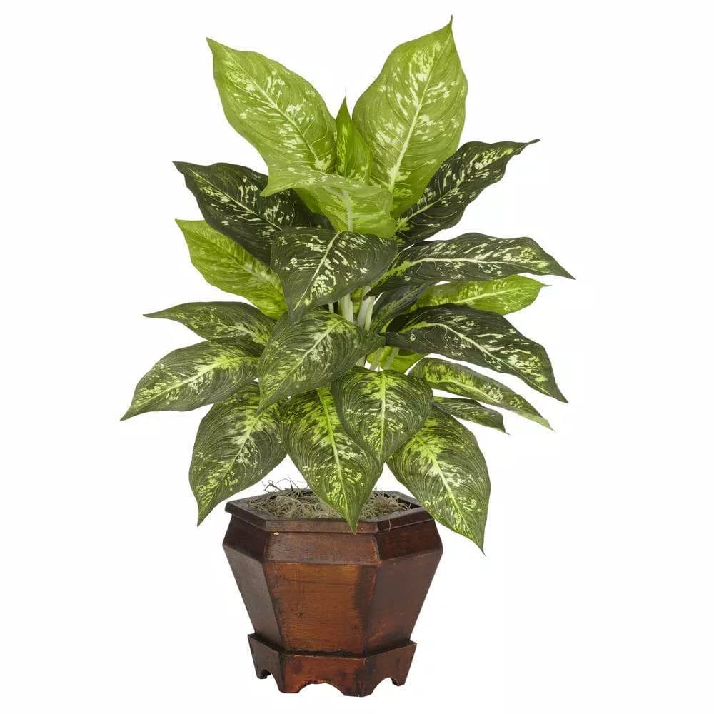 Nearly Natural 20.5 in. Green Dieffenbachia Silk Plant with Wood Vase Set of 2