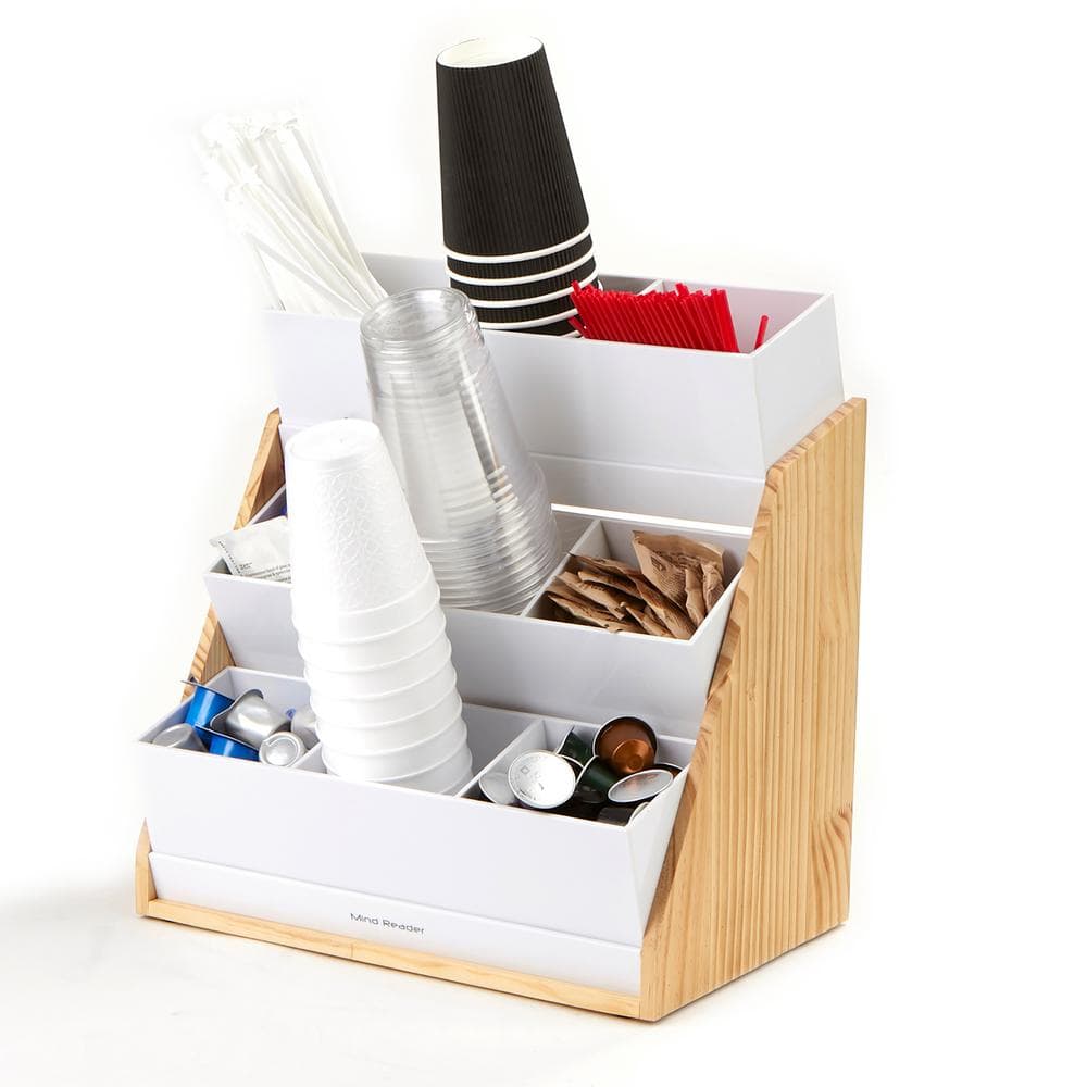 Mind Reader 9-Compartment White Condiment Organizer with Natural Wood Bamboo Base