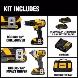 DEWALT 20V MAX Cordless Drill and Impact Driver Combo Kit with (2) 1.5 Ah Batteries, Charger & Bag thumbnail 2