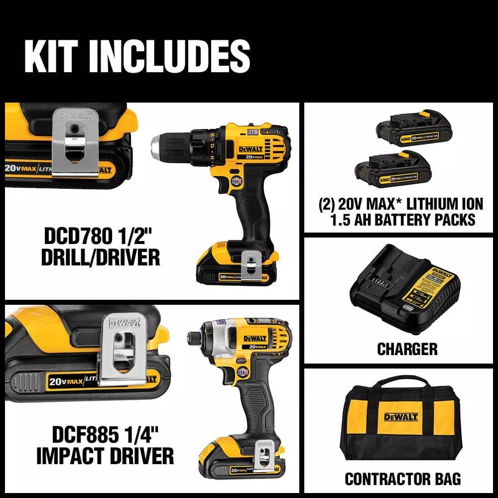 DEWALT 20V MAX Cordless Drill and Impact Driver Combo Kit with (2) 1.5 Ah Batteries, Charger & Bag