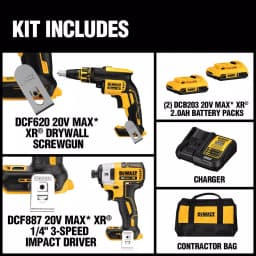 DEWALT 20V MAX XR Cordless Drywall Screw Gun and Impact Driver Combo Kit with (2) 2.0Ah Batteries & Charger thumbnail 2