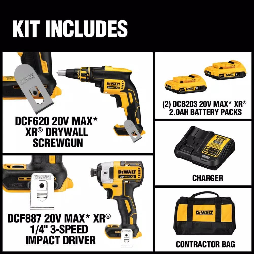 DEWALT 20V MAX XR Cordless Drywall Screw Gun and Impact Driver Combo Kit with (2) 2.0Ah Batteries & Charger
