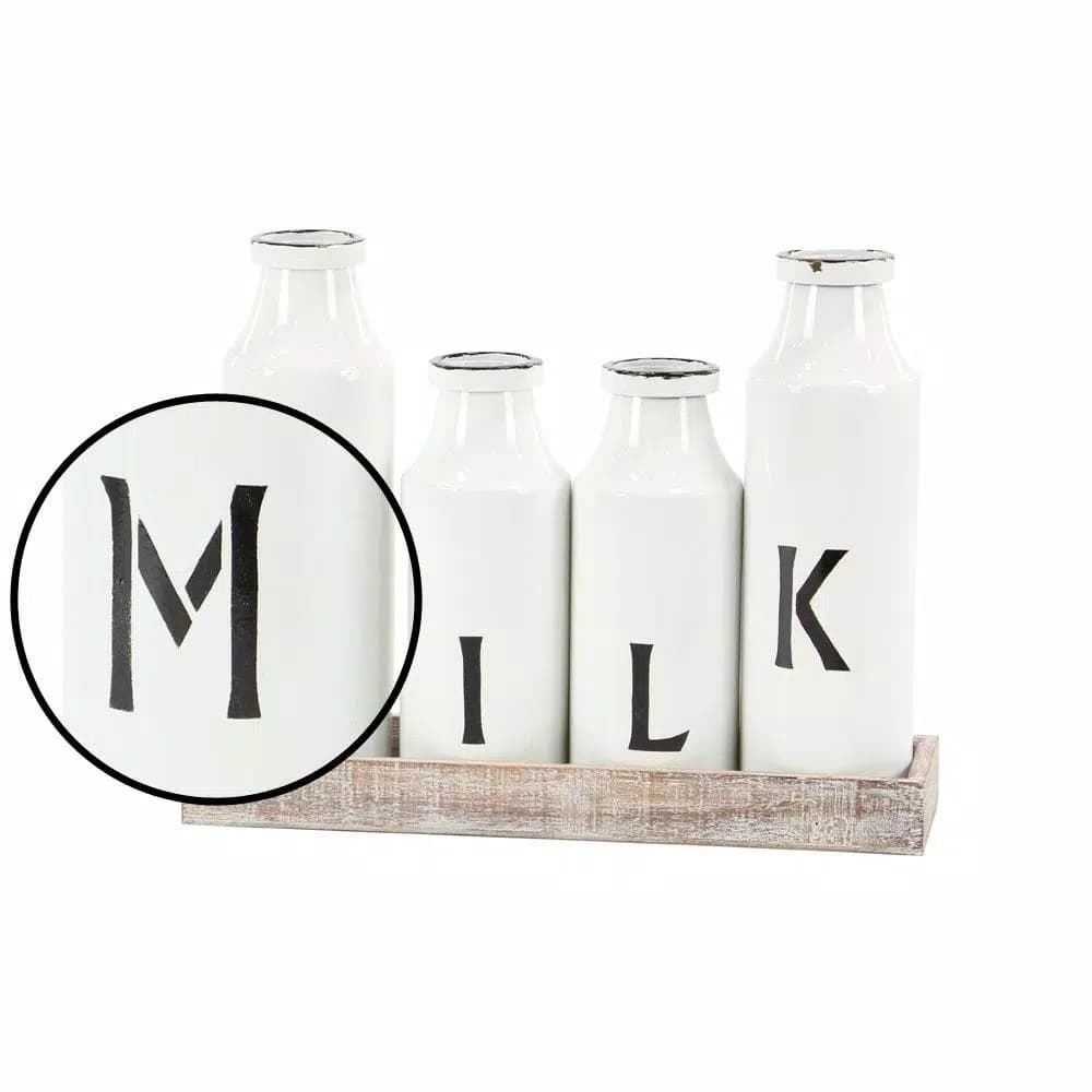 LITTON LANE Rustic Reflections Farmhouse Decorative Wood Tray with 4 Distressed White Milk Bottles