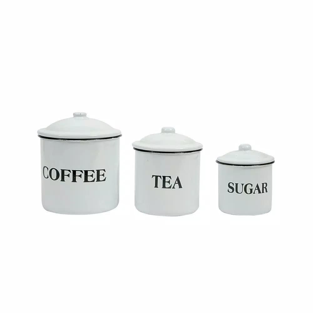 3R Studios 3-Piece White Metal Kitchen Canister Set with Coffee, Tea, and Sugar Labels