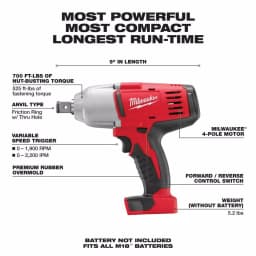 Milwaukee M18 18V Lithium-Ion Cordless 3/4 in. High-Torque Impact Wrench with Friction Ring (Tool Only) thumbnail 2