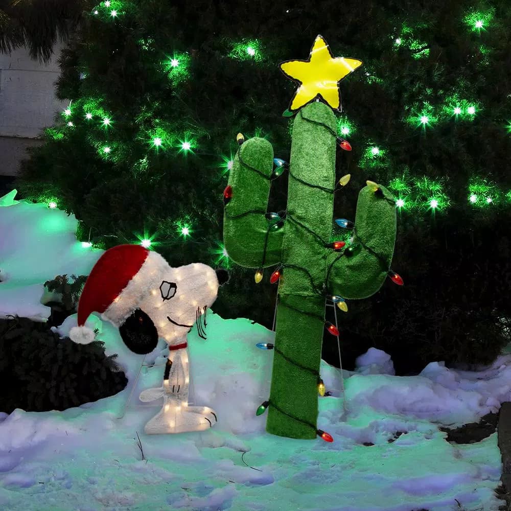 Peanuts 48 in. Peanuts Spike and Decorated Cactus 2D LED Pre-Lit Yard Decor