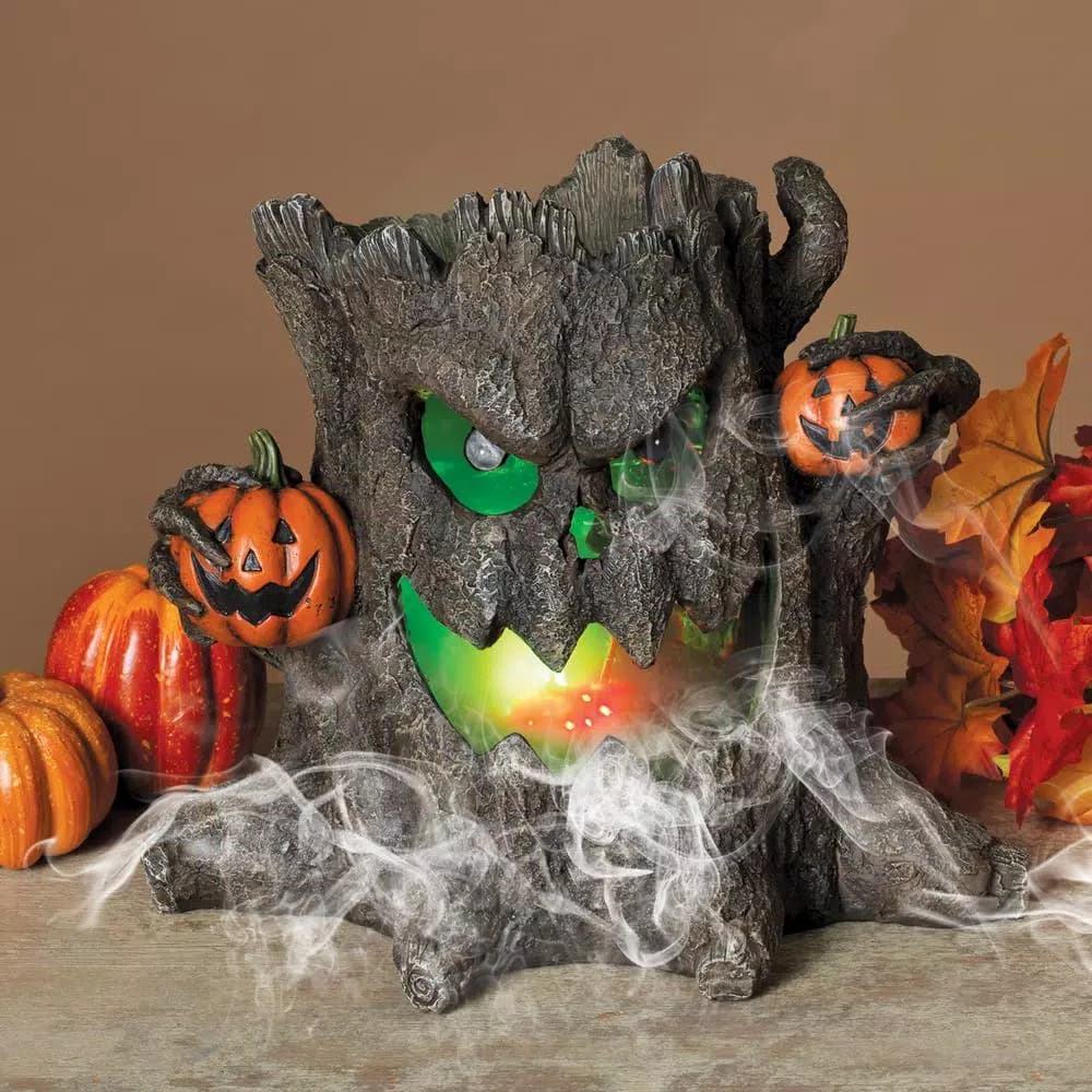 Gerson 12.4 in. Electric Smoking Haunted Tree Stump Halloween Tabletop Decor with Color Changing LED Lights