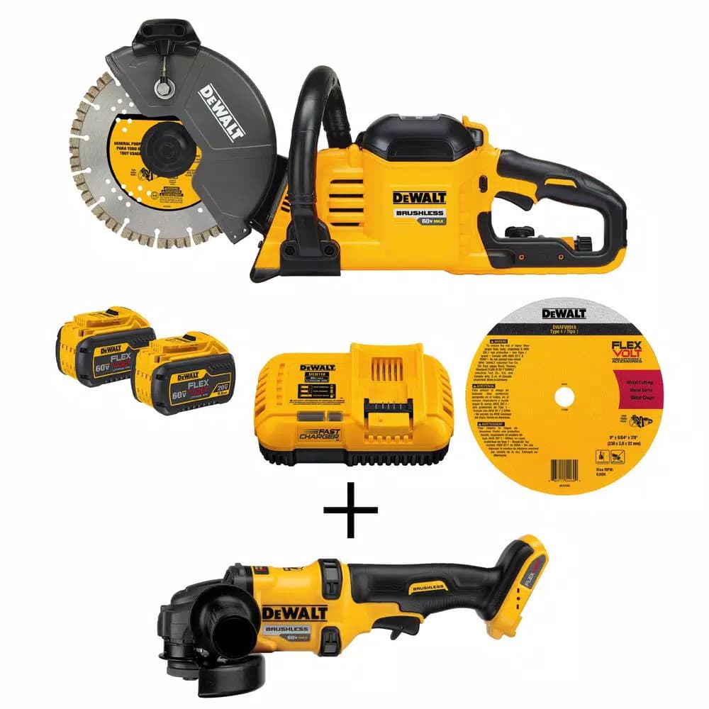 DEWALT FLEXVOLT 60V MAX Brushless 9 in. Cut-Off Saw Kit with (2) 9.0 Ah Batteries & 4-1/2 in. Angle Grinder