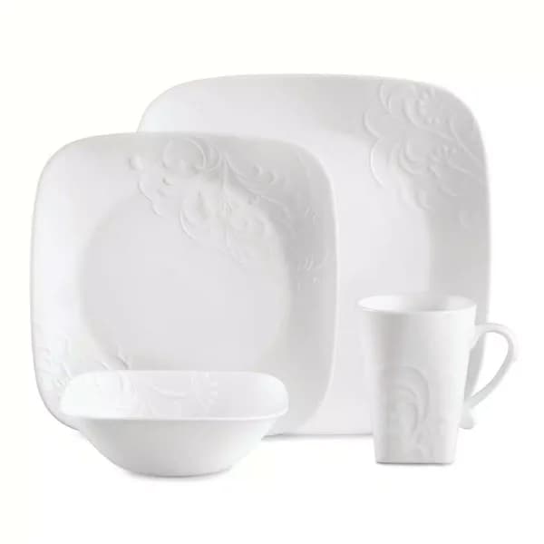 Corelle Boutique 16-Piece Cherish Porcelain Dinnerware Set, White Embossed Floral, Service for 4