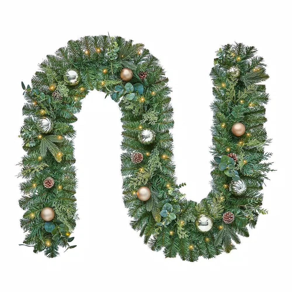 Home Accents Holiday 9 ft. St. Germain Pre-Lit Mixed Pine LED Christmas Garland with Ornaments & Pine Cones