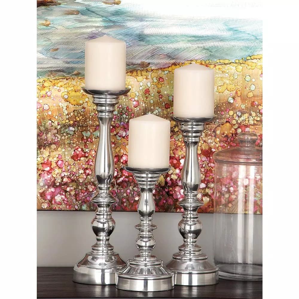 LITTON LANE Classic Aluminum Candle Stick Set of 3 - 10 in. x 14 in. Polished Silver Finish