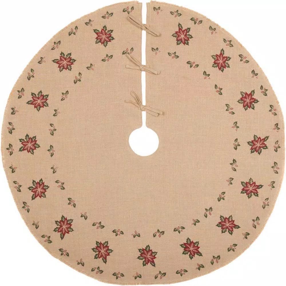 VHC Brands 48 in. Jute Burlap Poinsettia Tree Skirt - Natural Tan Holiday Decor