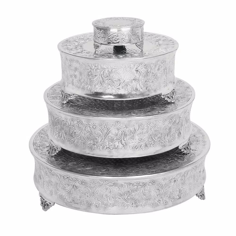 LITTON LANE Silver Aluminum Round Cake Stand Set of 4 with Floral Vine Design
