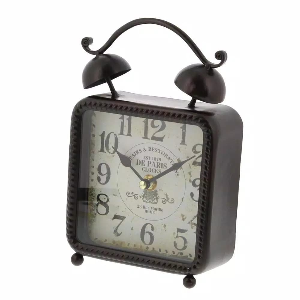 LITTON LANE 9 in. x 6 in. Square Iron Desk Clock 2-Pack - Vintage Distressed Analog Alarm Clocks