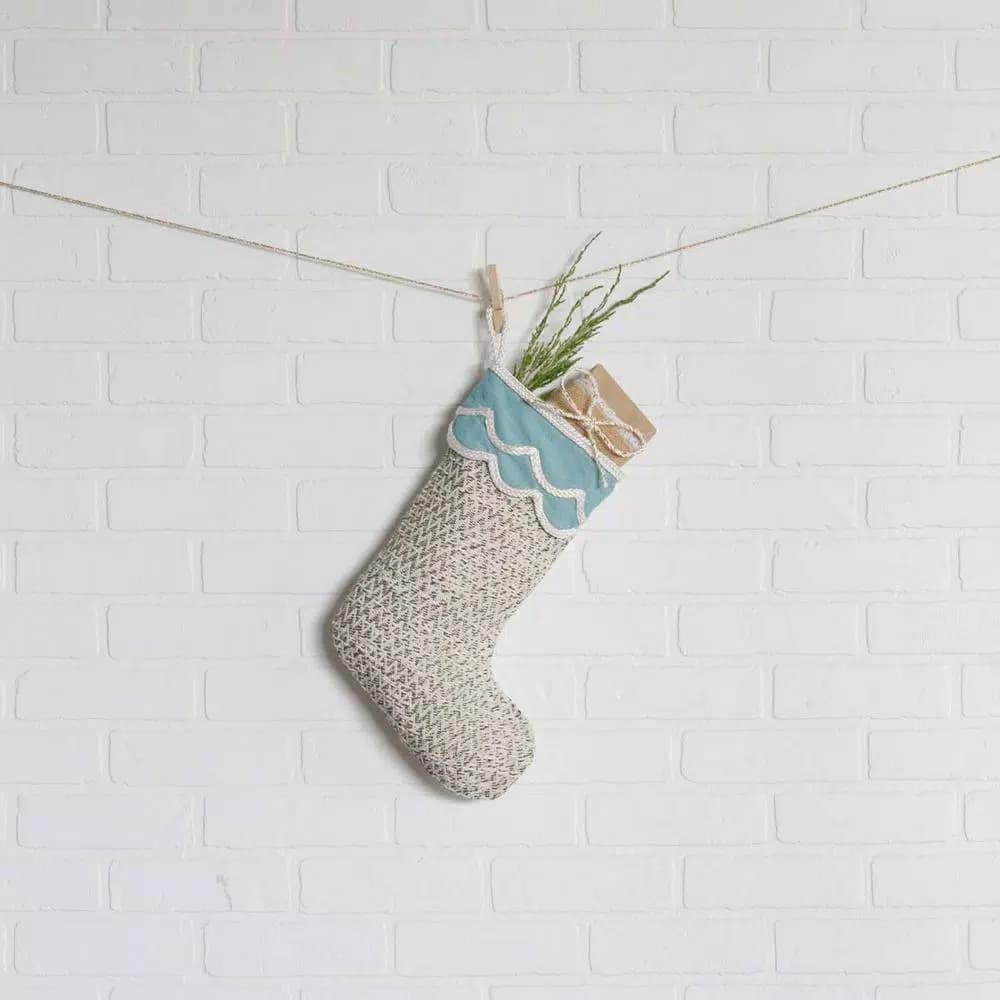 VHC Brands Sanbourne 15 in. Coastal Christmas Cotton Stocking - Creme White & Turquoise