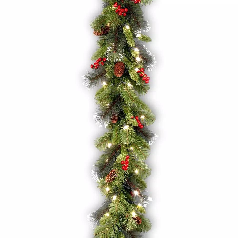 Unbranded 9 ft. Crestwood Spruce LED Pre-lit Garland with Pine Cones and Red Berries