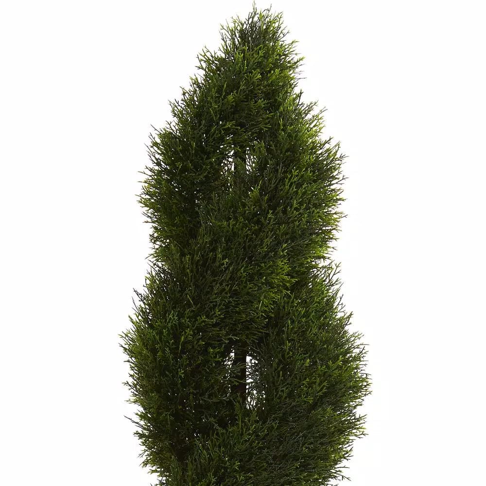 Nearly Natural 5.5 ft. Artificial Double Pond Cypress Spiral Topiary in White Tower Planter