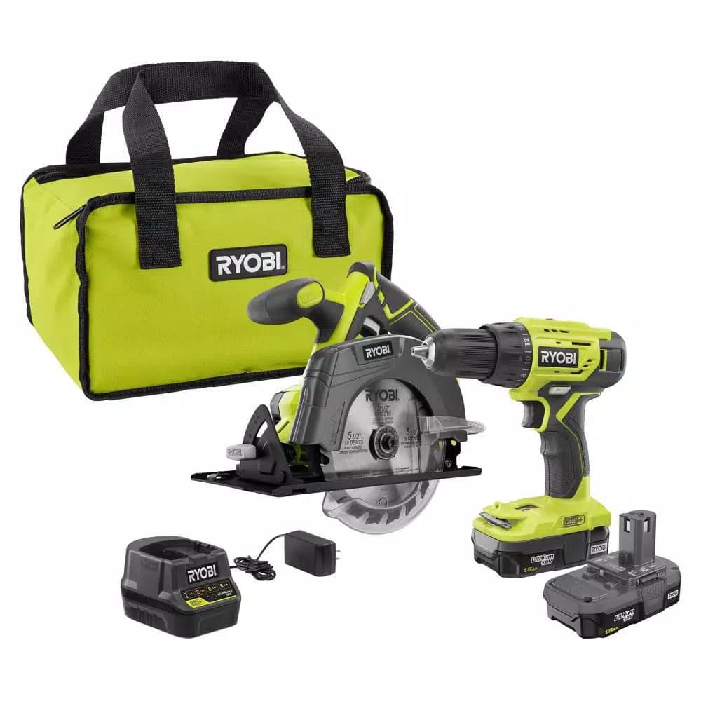 RYOBI 18V ONE+ Cordless 2-Tool Combo Kit with Drill/Driver and Circular Saw, 2 Batteries, Charger, and Bag