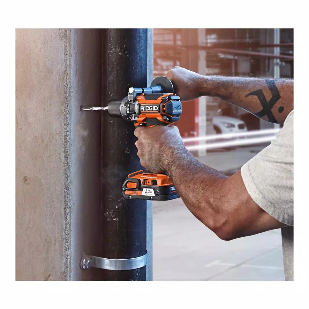 RIDGID 18V Brushless 1/2 in. Compact Hammer Drill Kit with (2) 2.0 Ah Batteries, Charger, and Bag