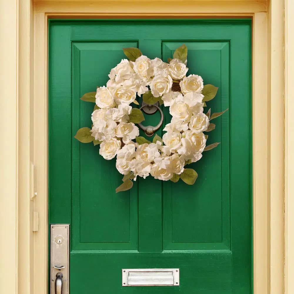 National Tree Company 16 in. White Rose Wreath with Green Leaves - Artificial Floral Wreath for Weddings and Special Occasions