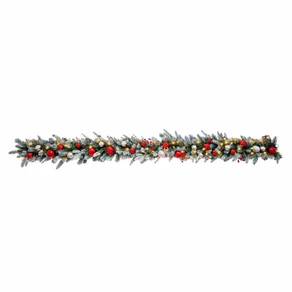 Haute Decor 9 ft. Pre-Lit LED Artificial Frosted Christmas Garland with Red & Silver Ornaments