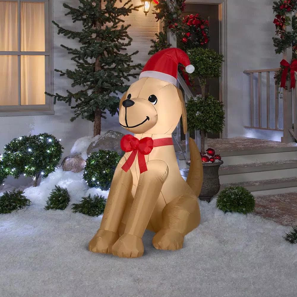 Home Accents Holiday 6 ft. Airblown Inflatables Golden Retriever Christmas Decoration with Santa Hat and Red Bow