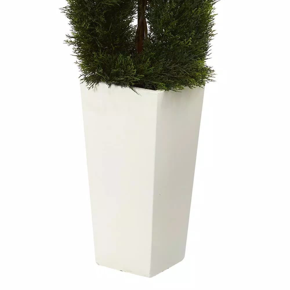 Nearly Natural 5.5 ft. Artificial Double Pond Cypress Spiral Topiary in White Tower Planter