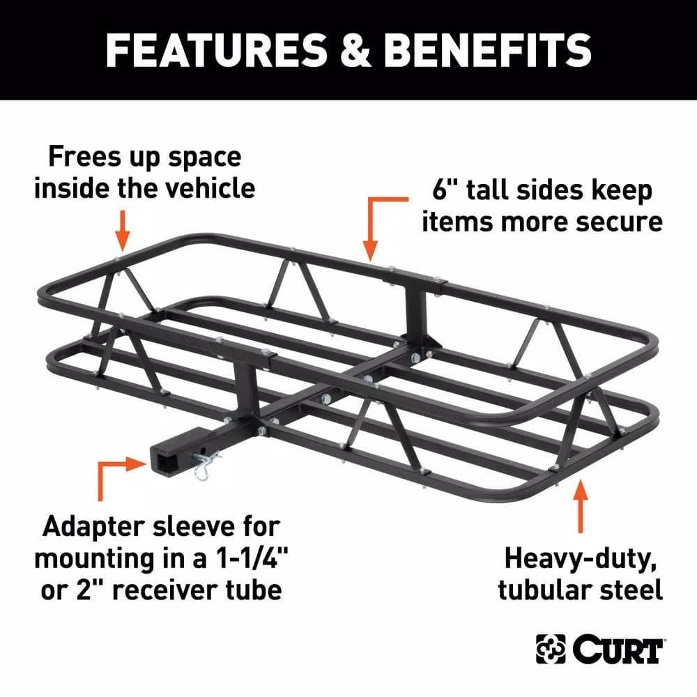 CURT 48 in. x 20 in. Steel Basket Style Hitch Cargo Carrier, 500 lb. Capacity, 2 in. Receiver with Adapter
