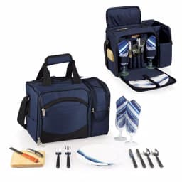 Picnic Time Malibu Navy Wood Picnic Cooler Tote - Insulated Soft-Side Cooler with Deluxe Picnic Service for Two thumbnail 2