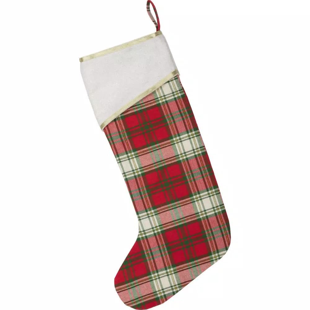 VHC Brands 20 in. Plaid Cotton and Felt Christmas Stocking - Cherry Red, Forest Green & Creme