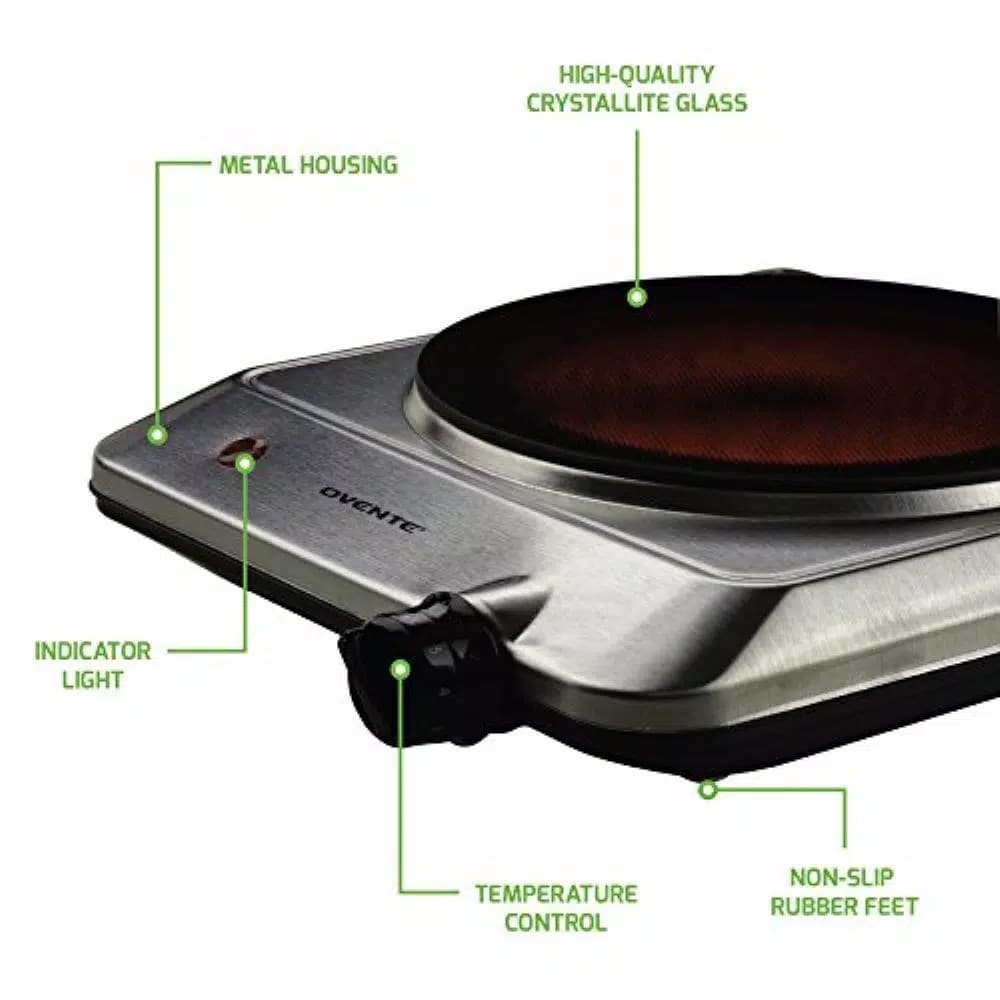 Ovente 1000W Electric Infrared Single Burner Cooktop, Silver Ceramic Glass Hot Plate