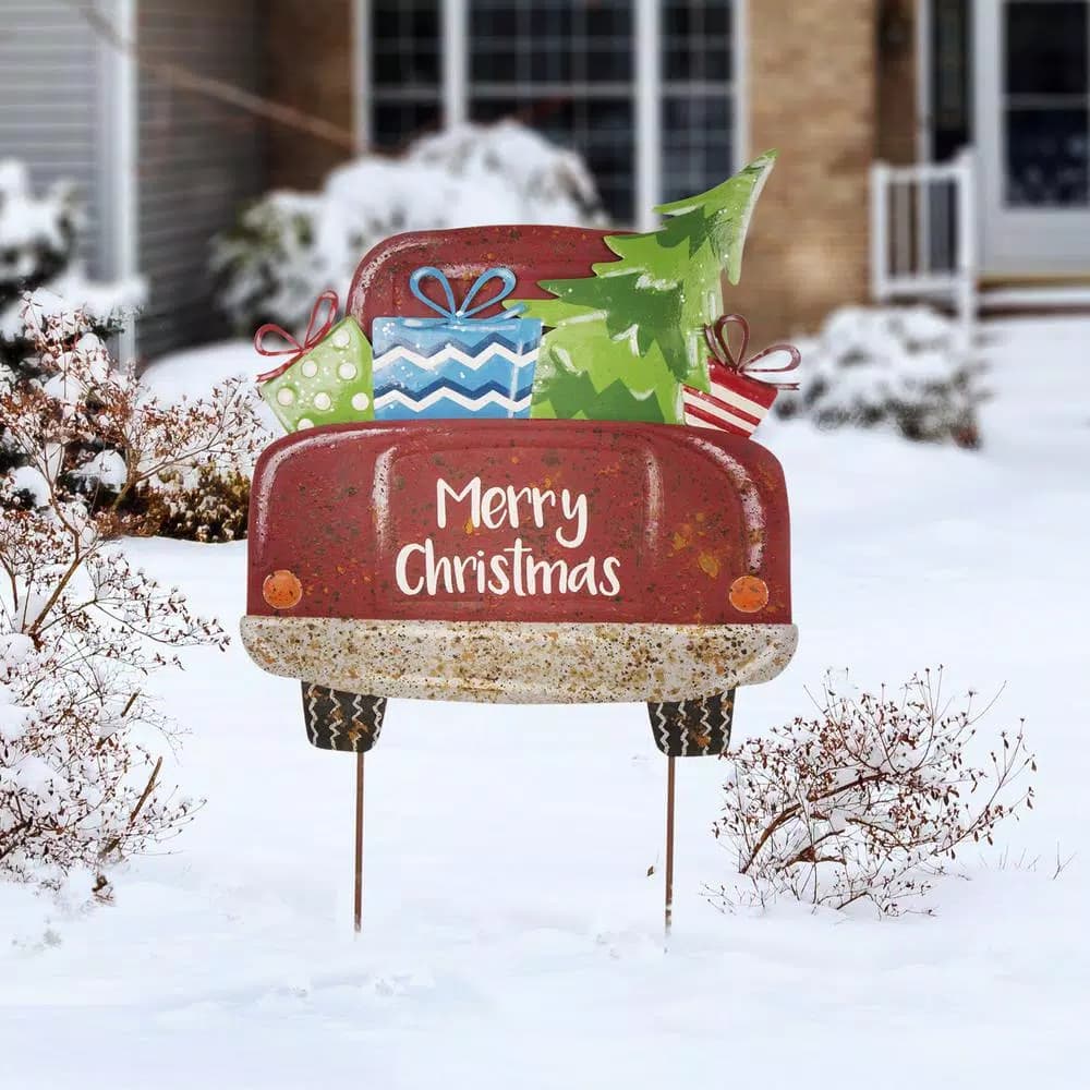 Glitzhome 31.89 in. Rusty Metal Christmas Truck Yard Stake and Wall Decor