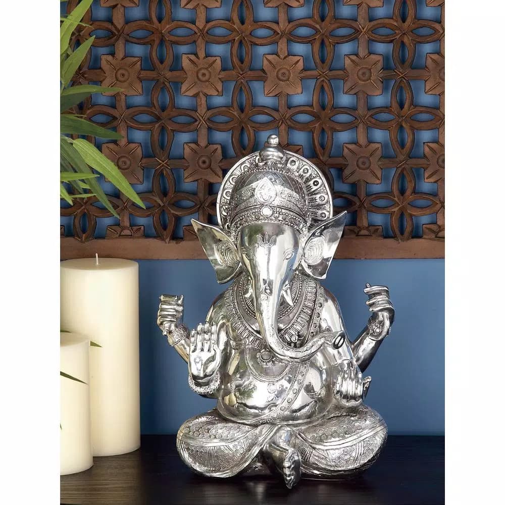 LITTON LANE 16 in. Antique Silver Sitting Ganesh Sculpture with Patterned Detailing