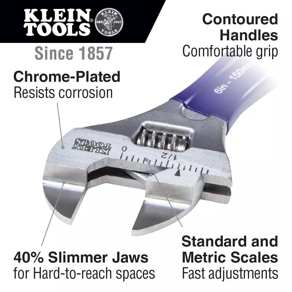 Klein Tools 8 in. Slim-Jaw Adjustable Wrench, 1.5 in. Extra-Wide Capacity