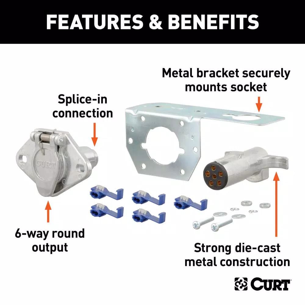 CURT 6-Way Round Trailer Connector Plug & Socket Kit with Hardware