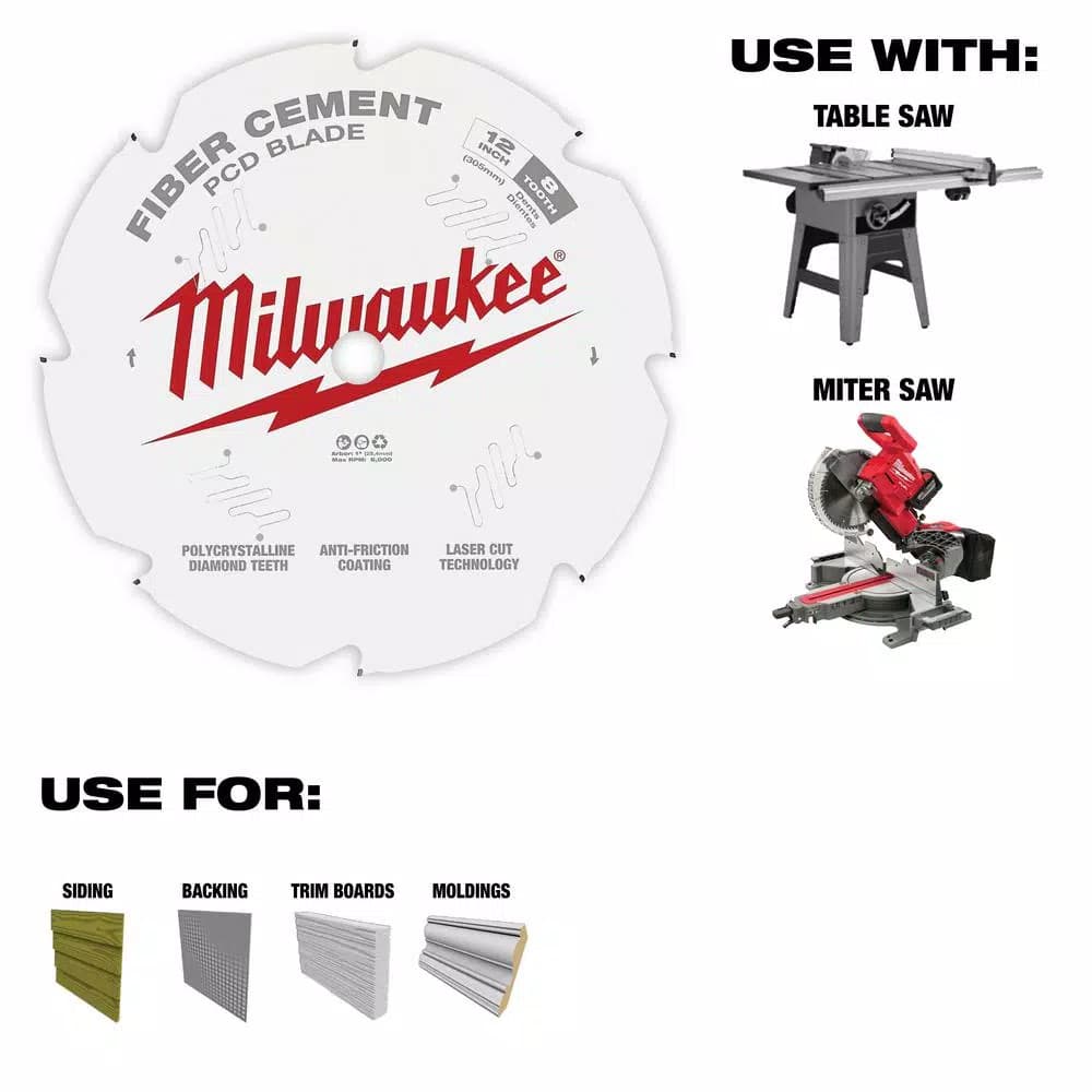 Milwaukee 12 in. 8-Tooth Polycrystalline Diamond (PCD) Tipped Fiber Cement Circular Saw Blade
