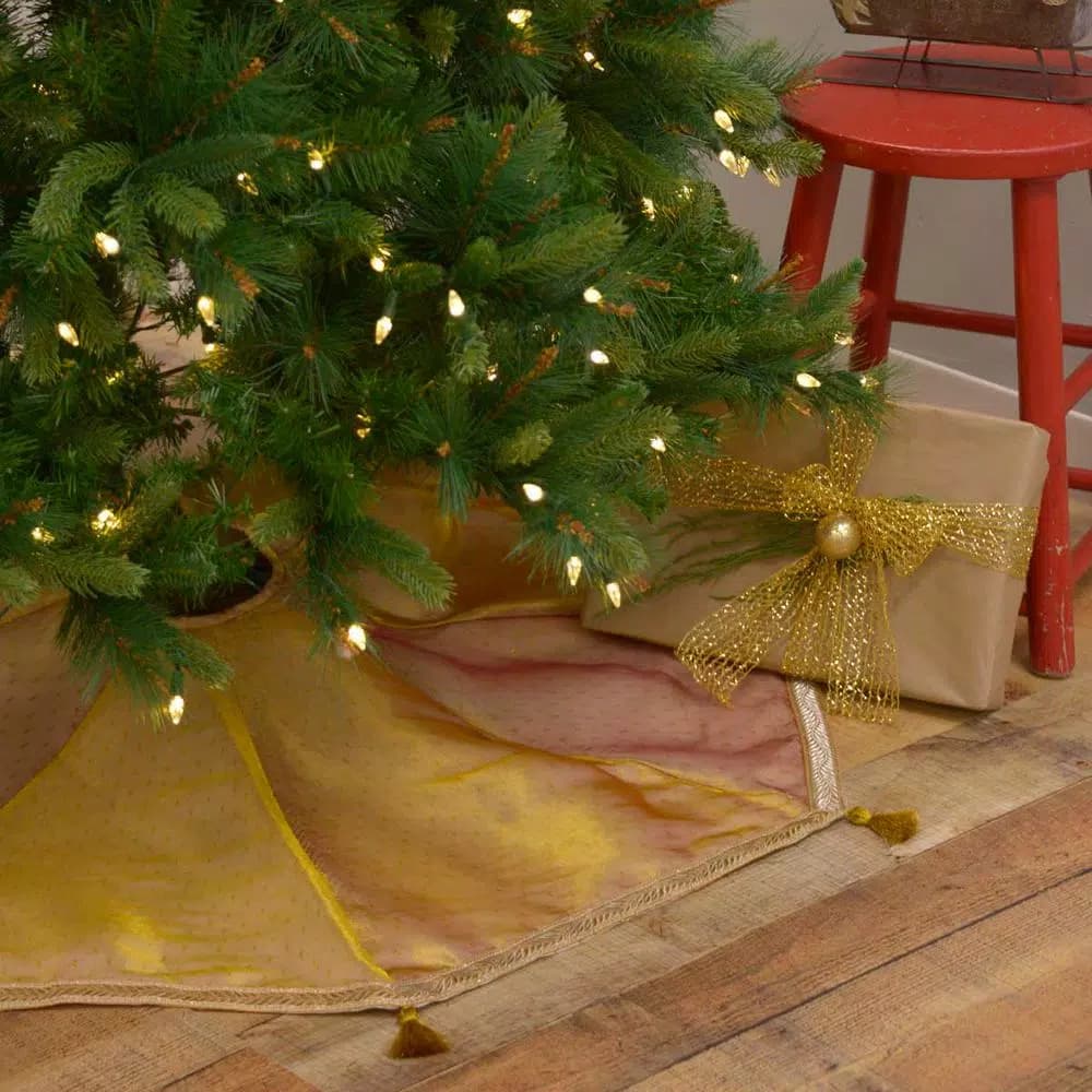 VHC Brands 48 in. Gold Tinsel Christmas Tree Skirt with Antique White Cotton and Flannel Lining