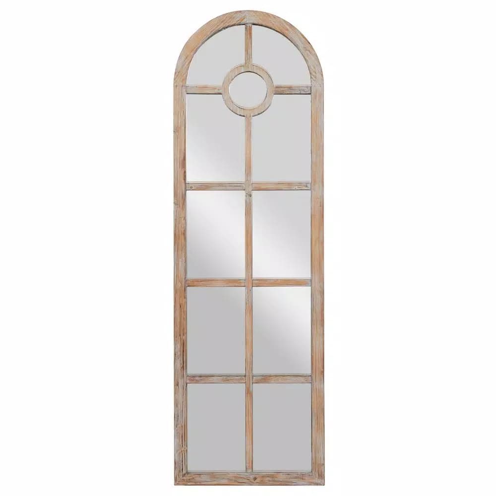 LITTON LANE Hayes Oversized Arch Distressed Brown Wood Window Mirror (72 in. x 23 in.)