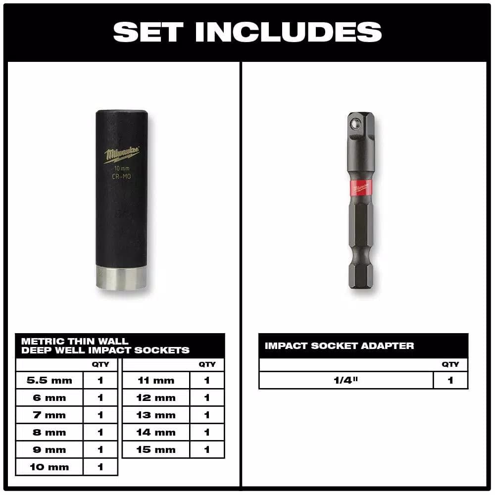Milwaukee SHOCKWAVE 1/4 in. Drive Metric Impact Duty Deep Well Socket Set, 12-Piece
