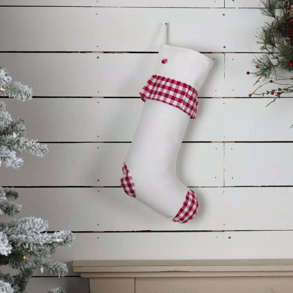 VHC Brands Emmie 20 in. Red Check Ruffle Farmhouse Christmas Stocking