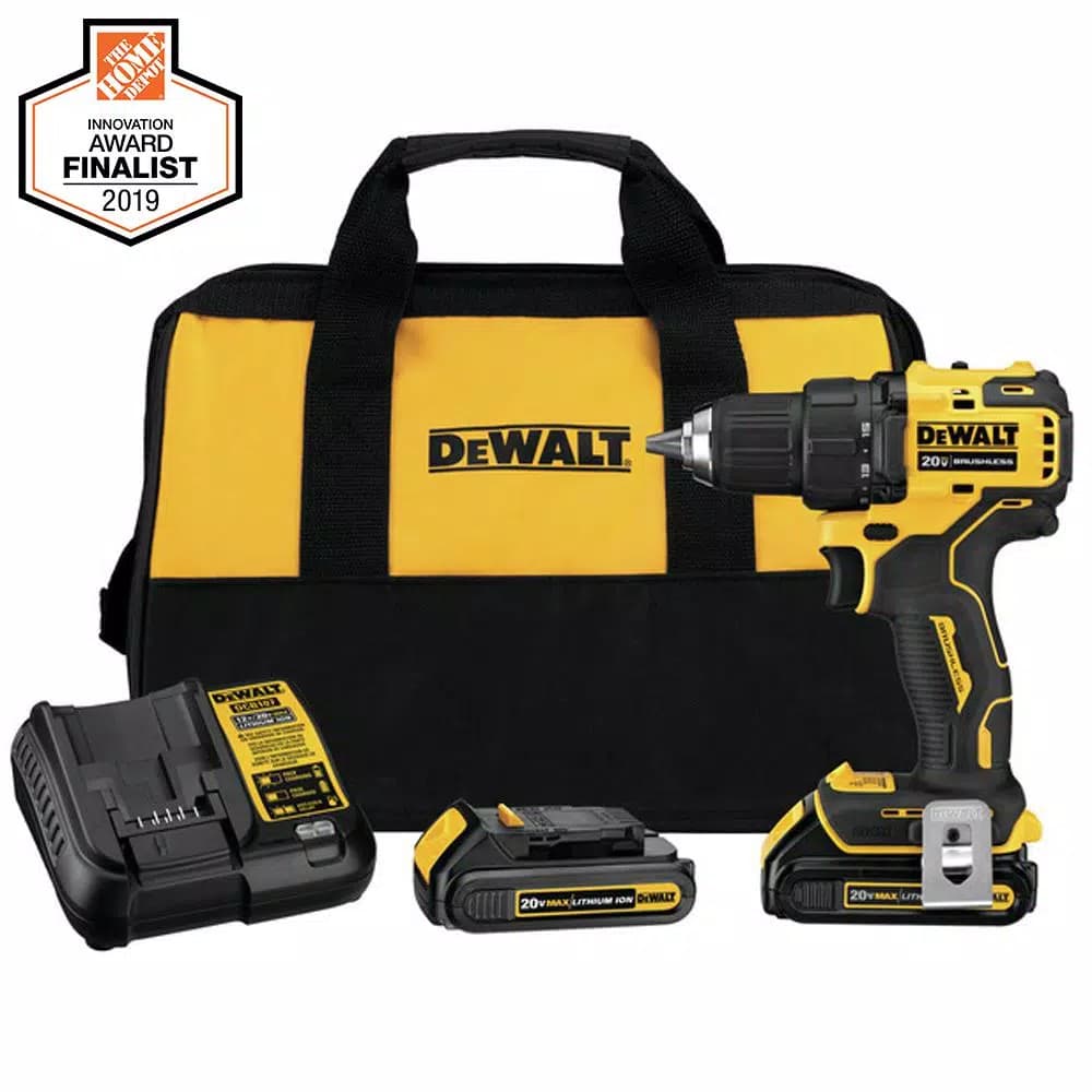 DEWALT 20V MAX ATOMIC Brushless 1/2 in. Compact Cordless Drill/Driver Kit with (2) 1.3Ah Batteries, Charger & Bag