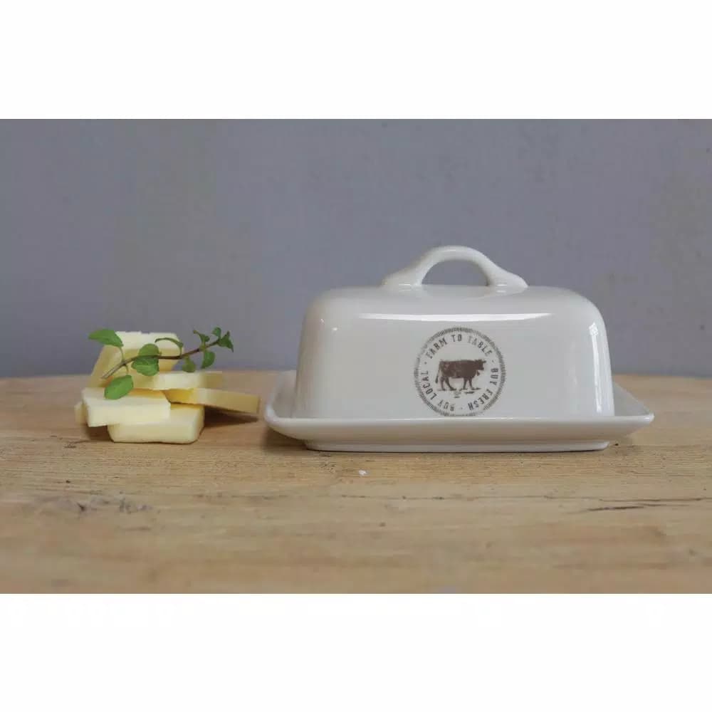 3R Studios White Stoneware Butter Dish Set of 2 - Farm to Table Country Style