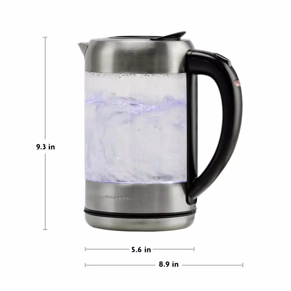 Ovente KG612S 1.7L Glass Electric Kettle, 1500W Silver Stainless Steel with Blue LED Light